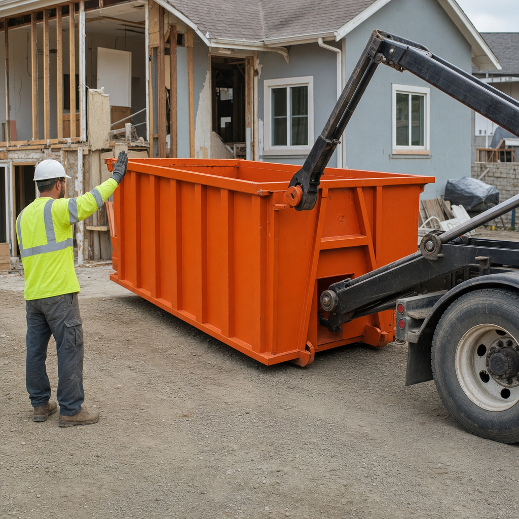 Hook-lift truck lowering a safety-orange roll-off dumpster to the ground while an operator guides placement at a renovation jobsite