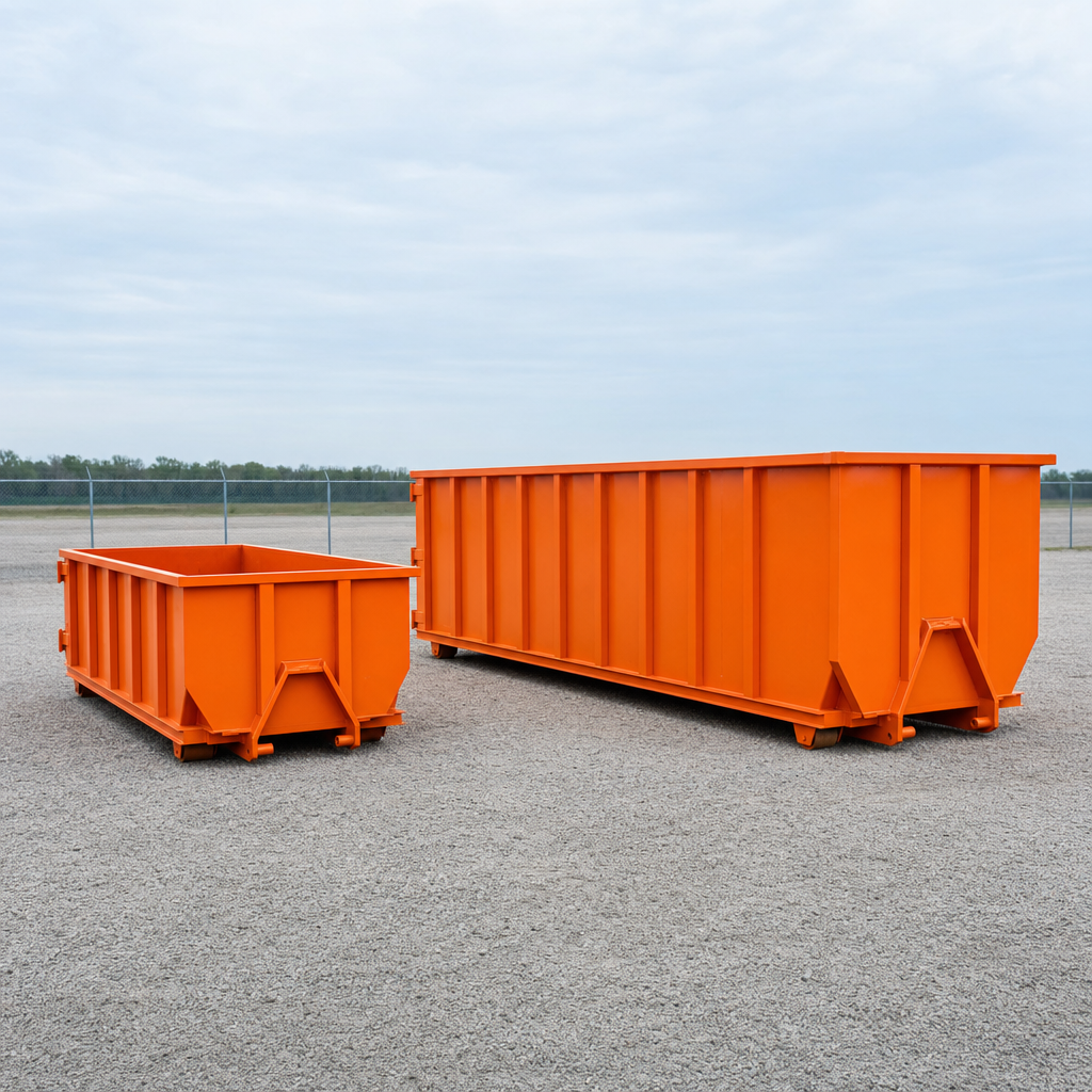 Two safety-orange roll-off dumpsters of different sizes staged side by side on a gravel equipment yard for scale