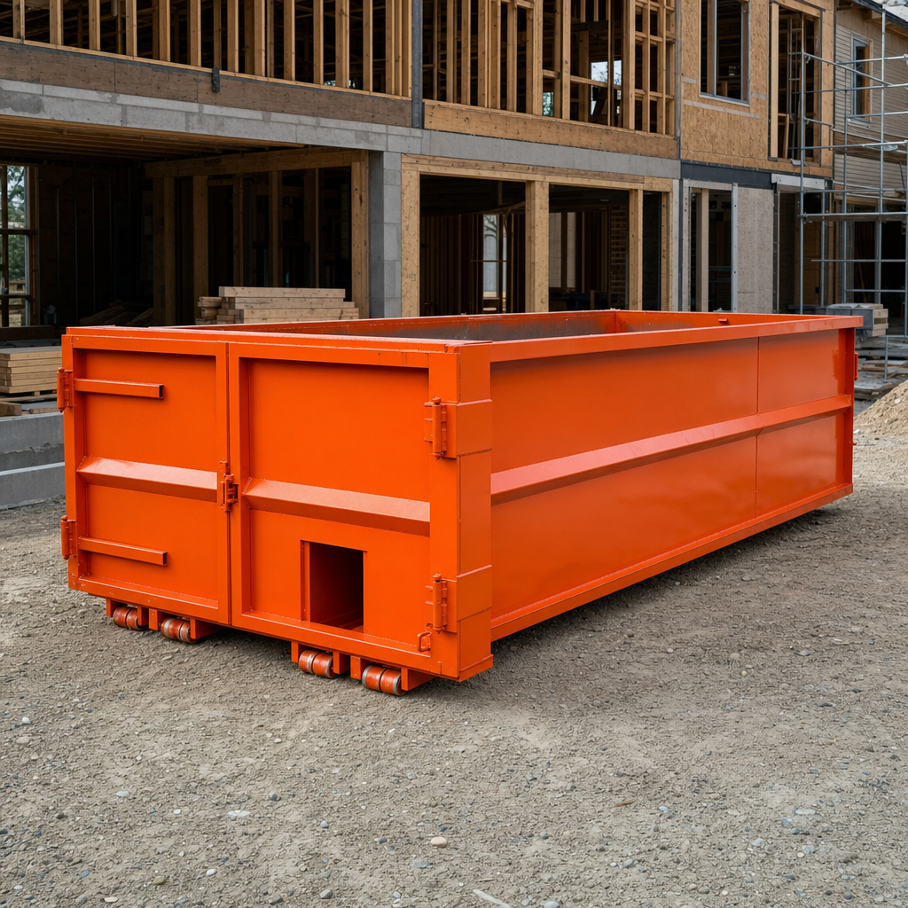 Clean safety-orange roll-off dumpster resting at an active construction and renovation jobsite