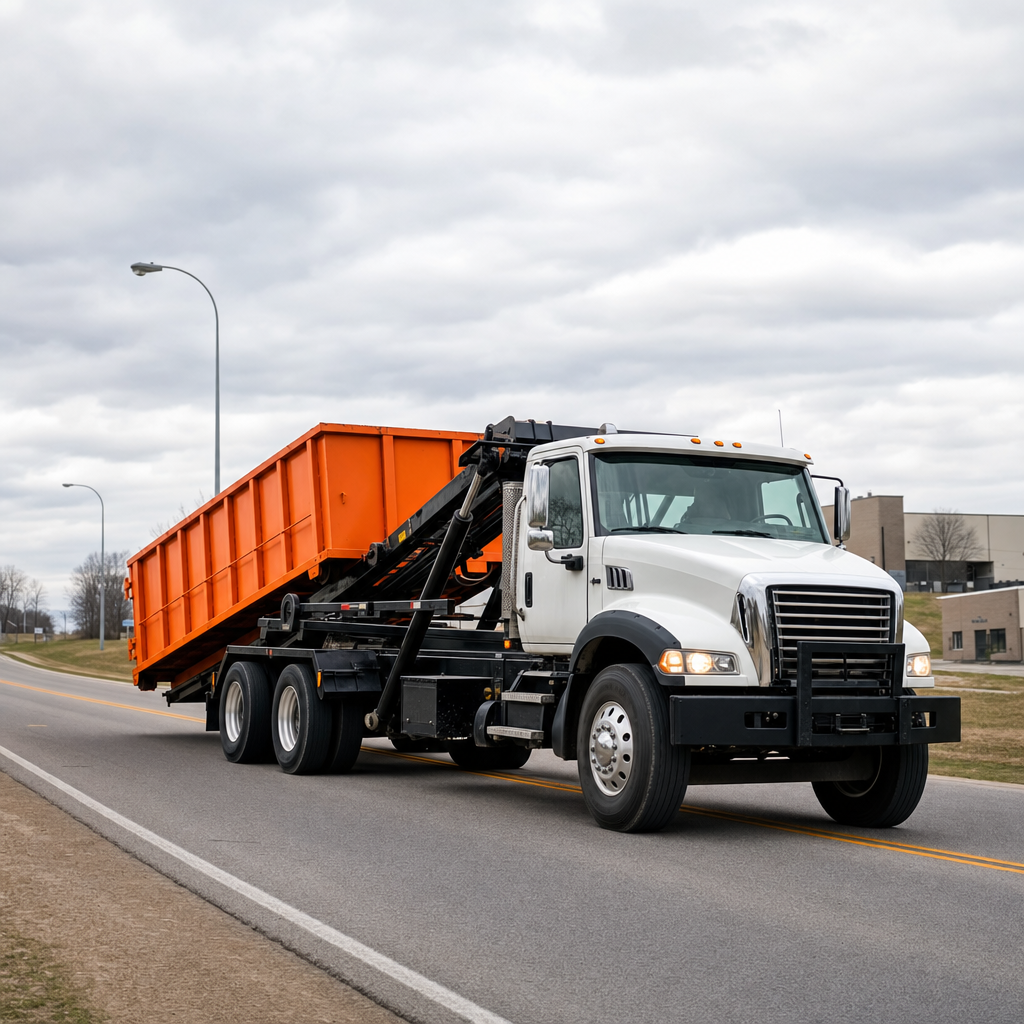Roll-off delivery truck carrying an empty orange 30-yard container on the open road toward a job