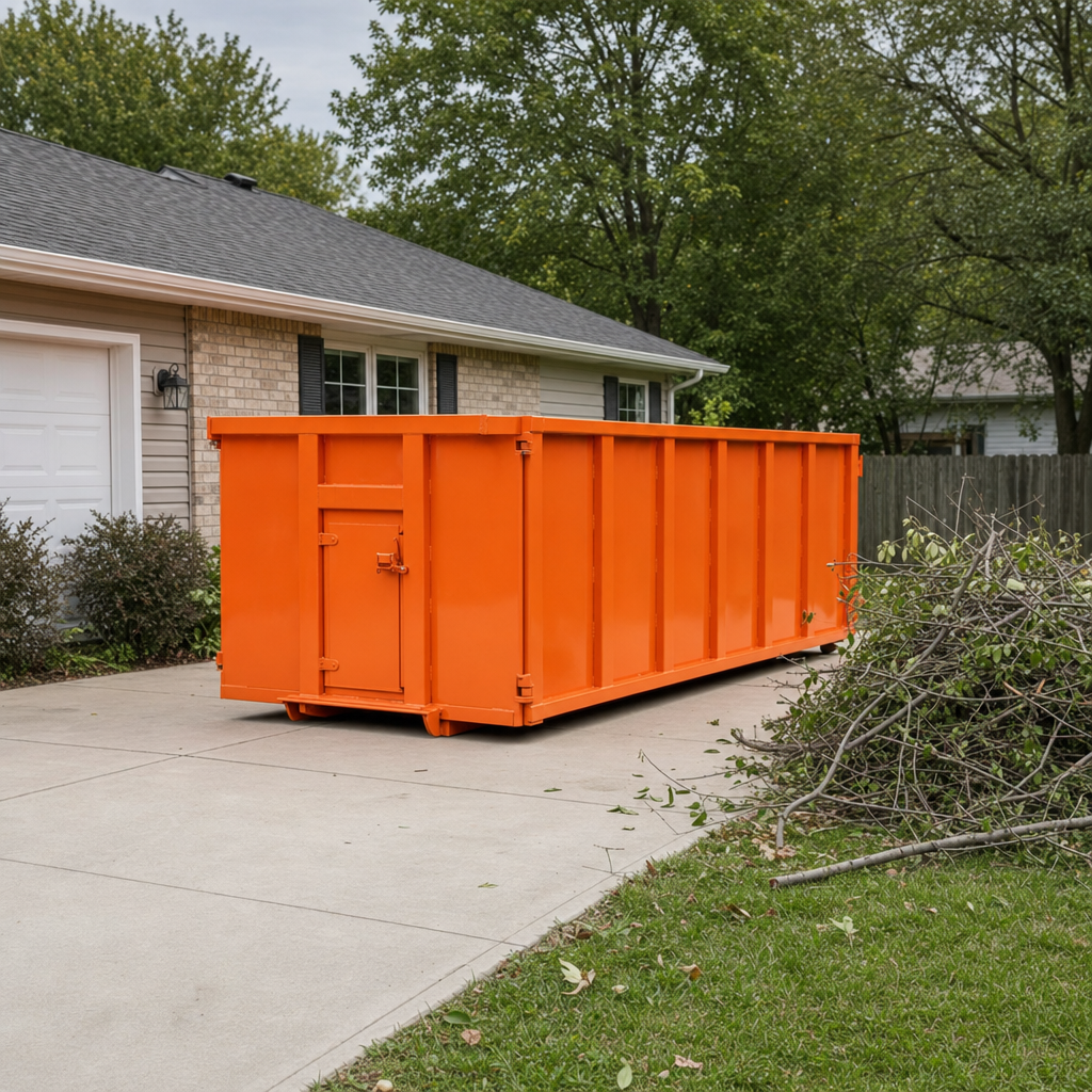 Safety-orange roll-off dumpster freshly placed on a residential driveway with storm-downed branches stacked nearby